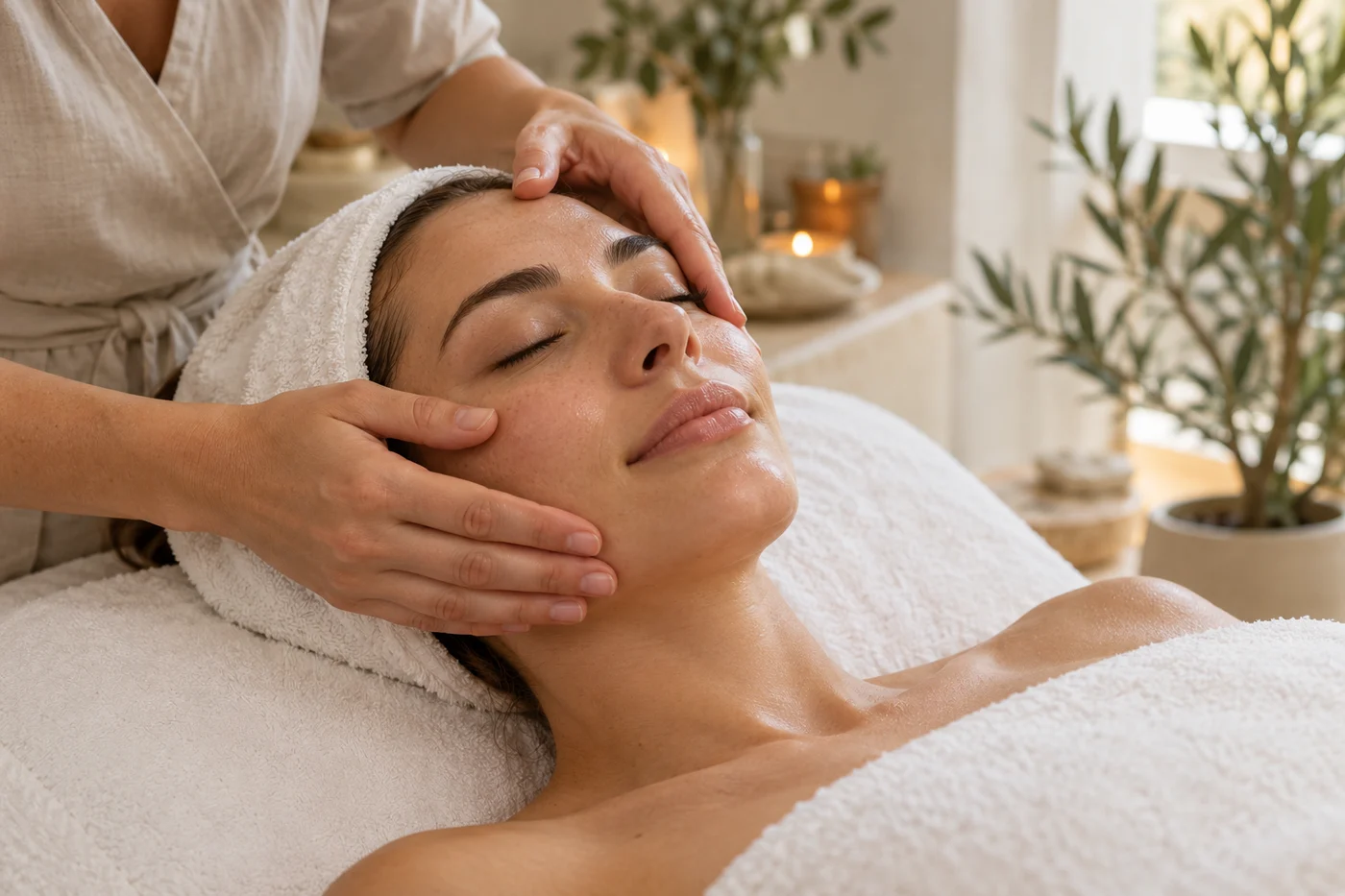Un ritual de masaj facial într-un spațiu calm și primitor